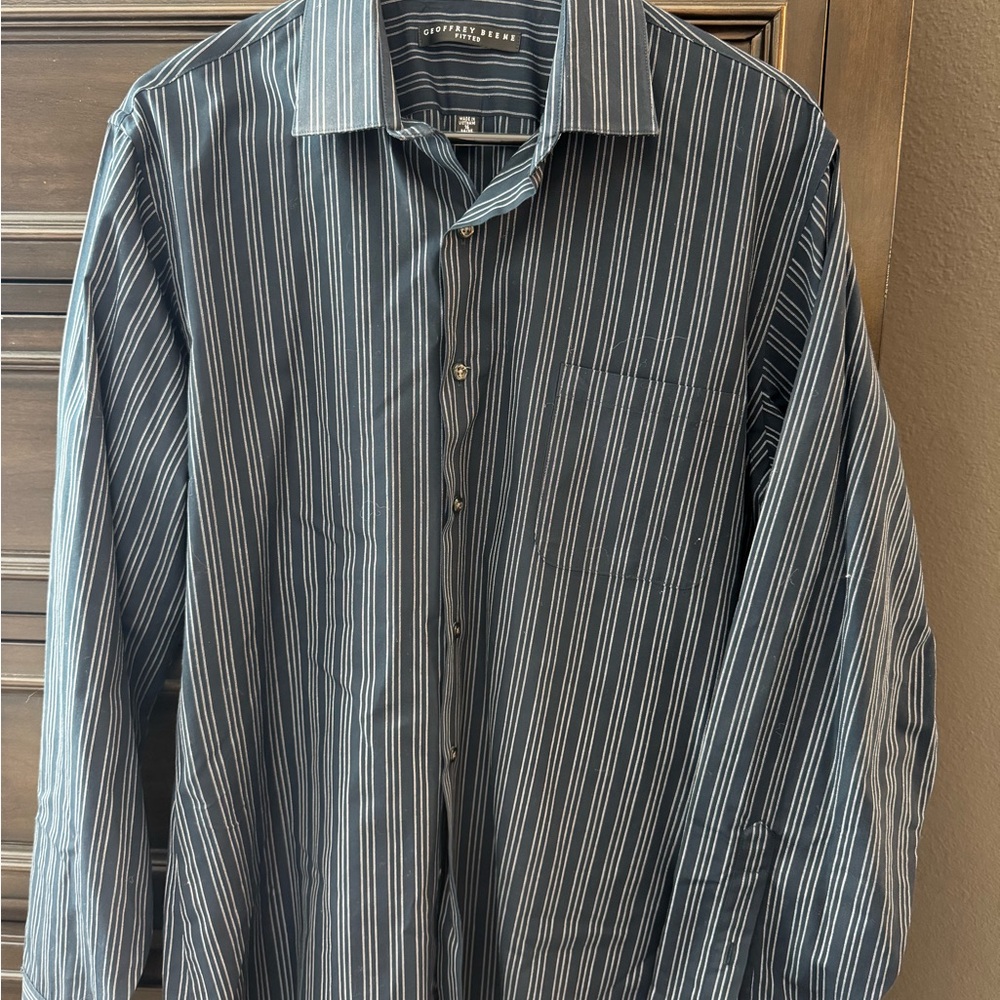 Geoffrey Beene Navy and White Striped Casual Shirt